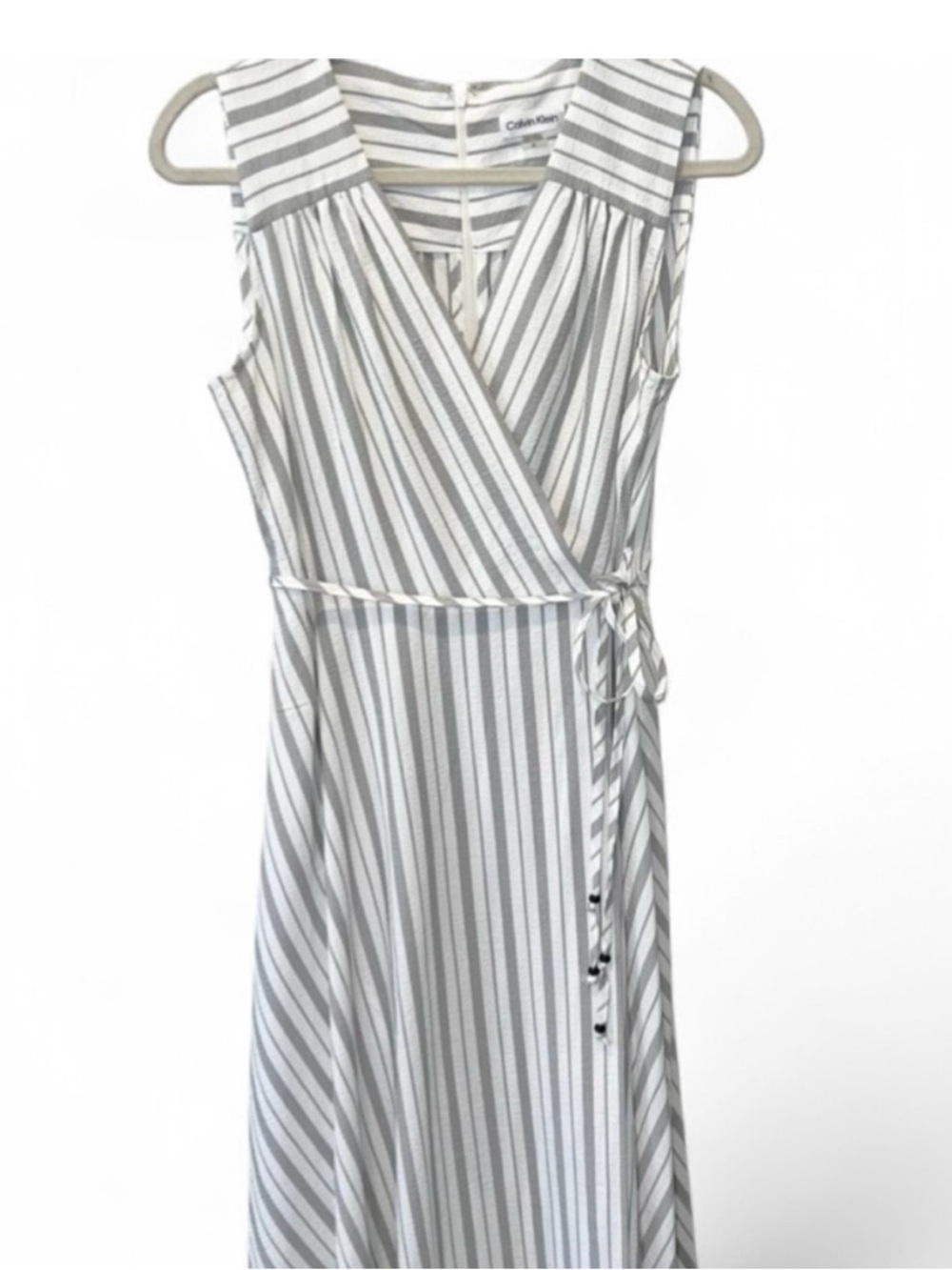 Calvin Klein Striped Faux-Wrap Maxi Dress in White and Light Gray - Picture 7 of 9
